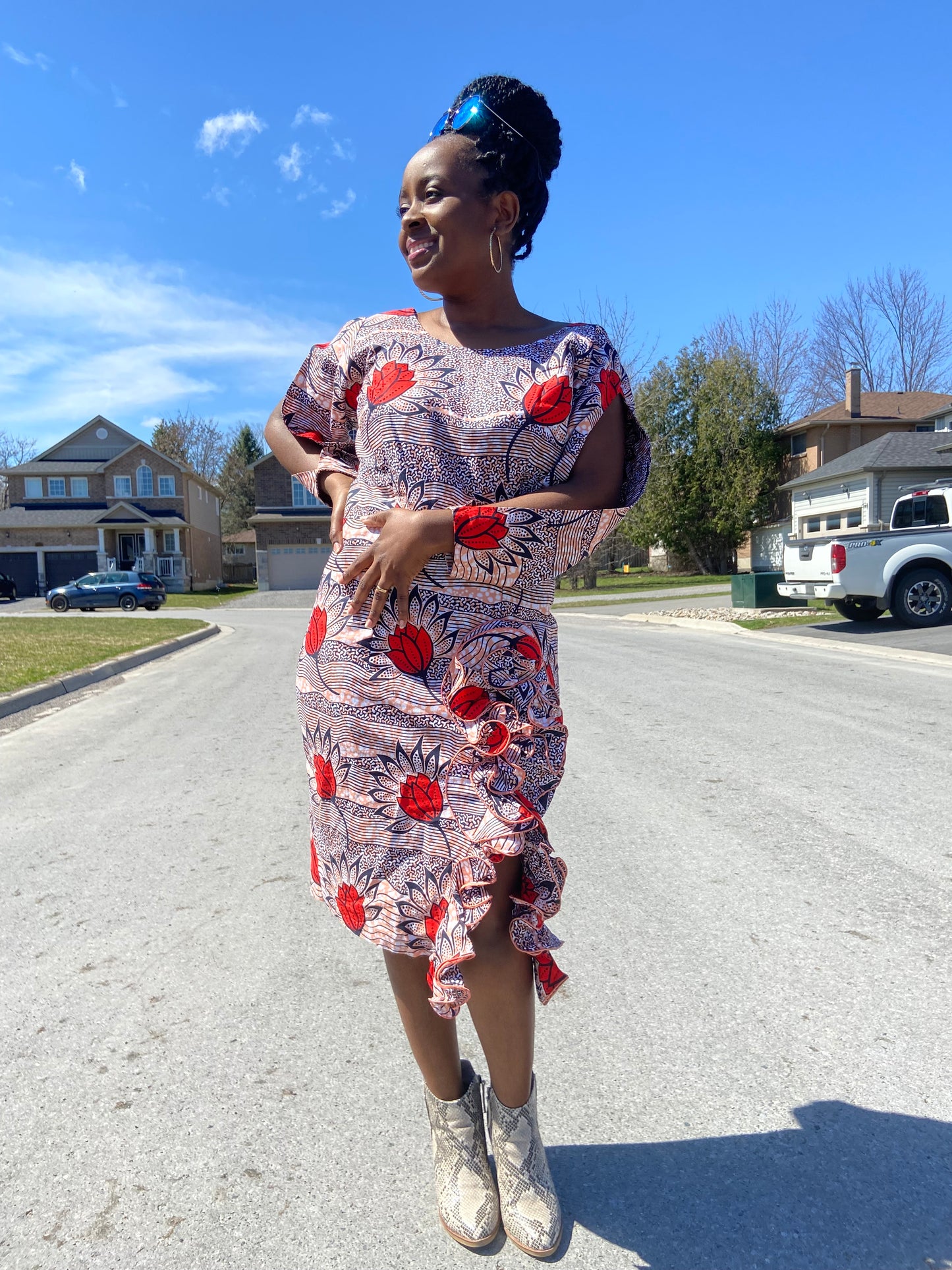 FERLA PINK AND RED MIDI DRESS