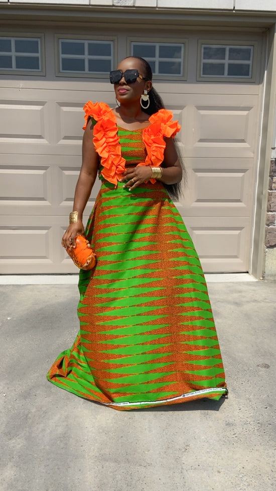 RUBI GREEN AND ORANGE MAXI SKIRT SET