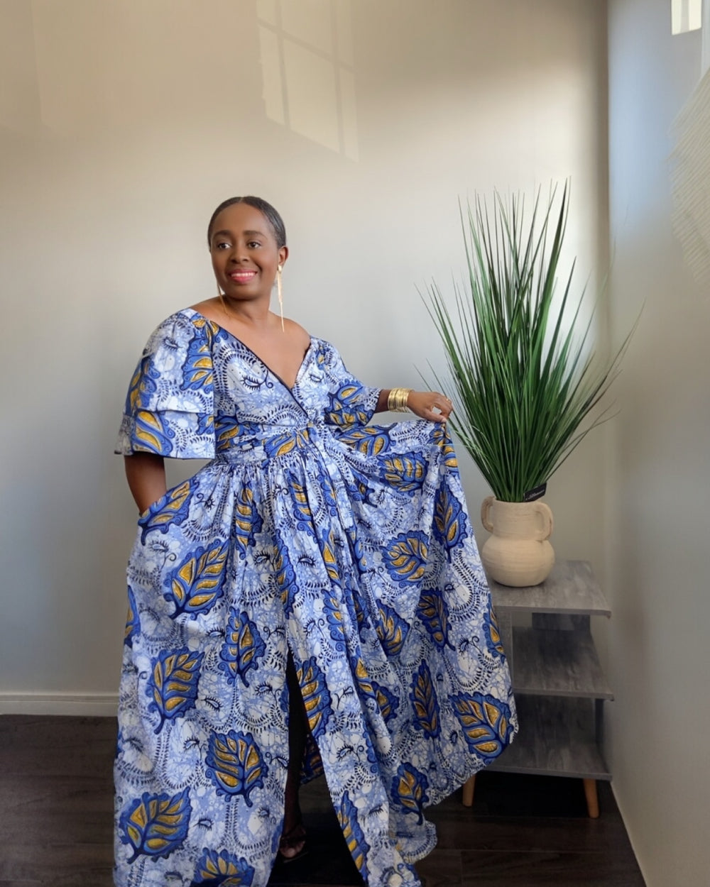 Ecoss White & Blue African Clothing Set – Wrap Top & Ankara Skirt with Front Slit