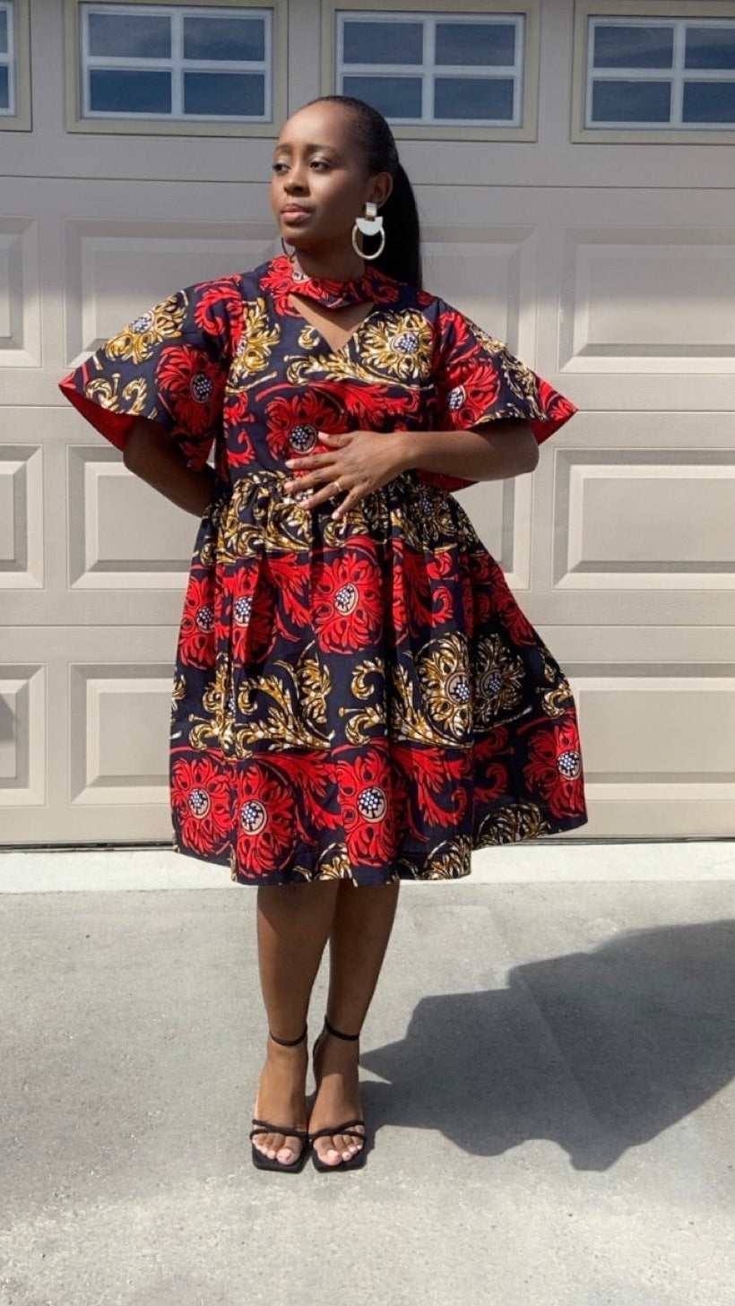 HADASSA BLUE AND RED MIDI  DRESS