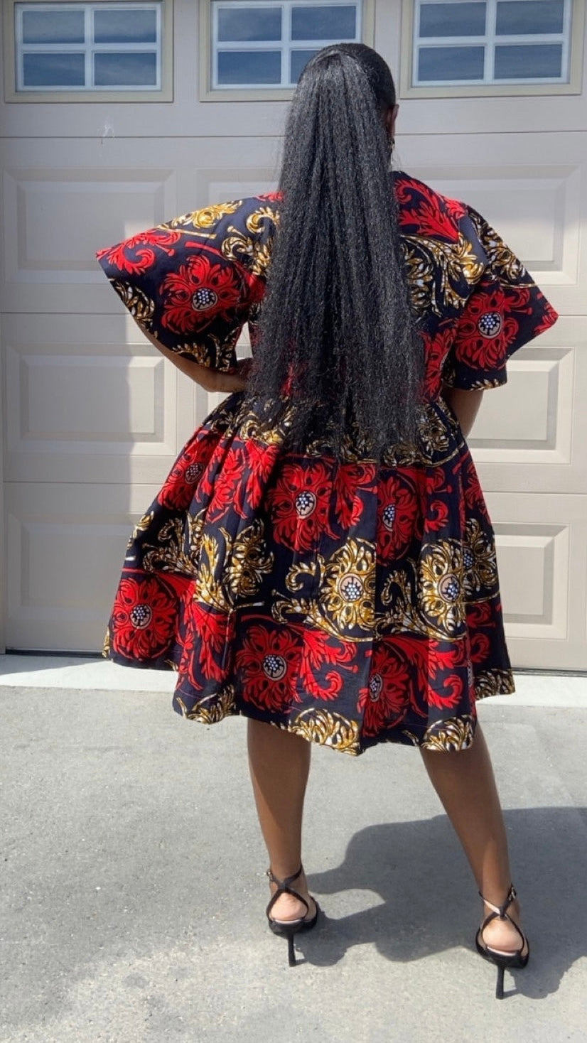 HADASSA BLUE AND RED MIDI  DRESS