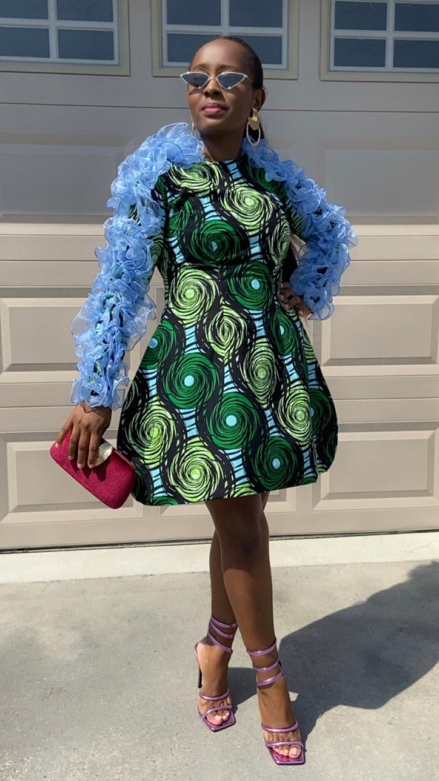 Loane Long Sleeve Midi Dress – Chic Flared Green & Blue African Print Gown