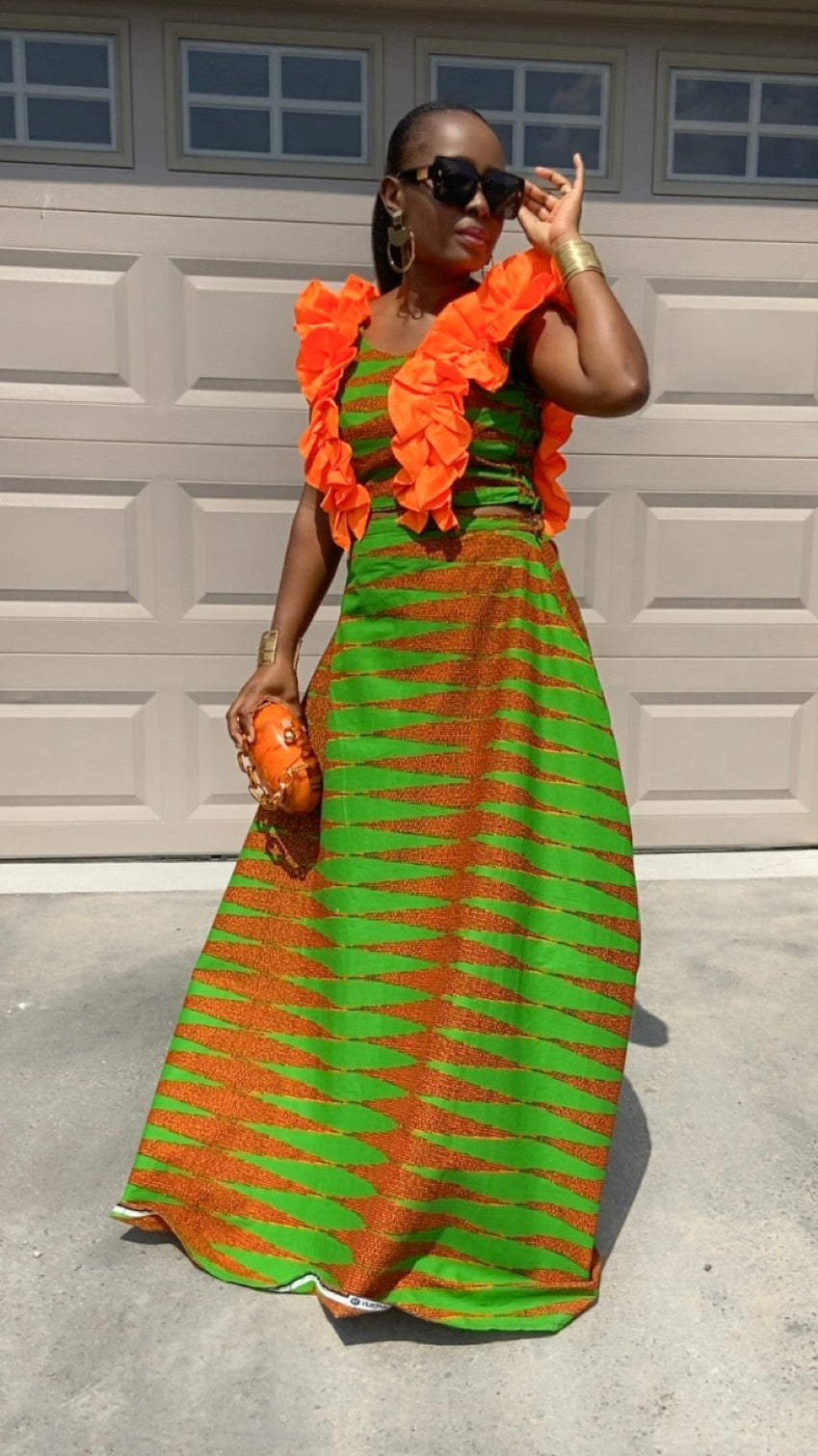 RUBI GREEN AND ORANGE MAXI SKIRT SET