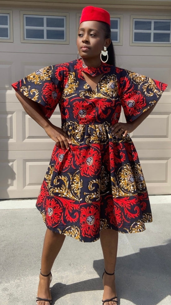 HADASSA BLUE AND RED MIDI  DRESS