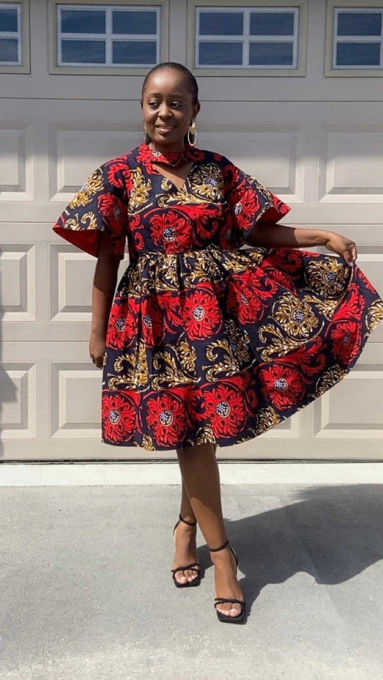 HADASSA BLUE AND RED MIDI  DRESS