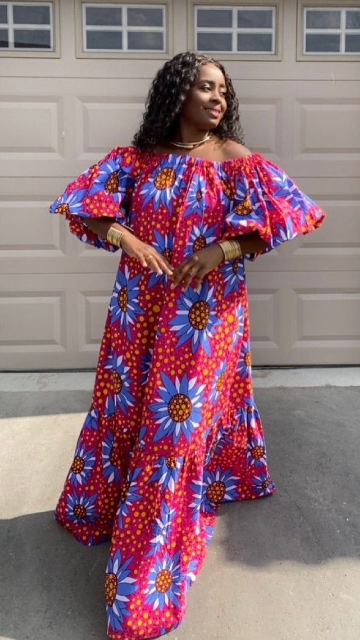 LUNA PINK AND BLUE AFRICAN  DRESS WITH HEADWRAP