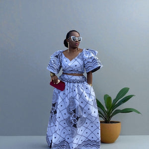 ECOSS WHITE AND BLACK MAXI SKIRT SET