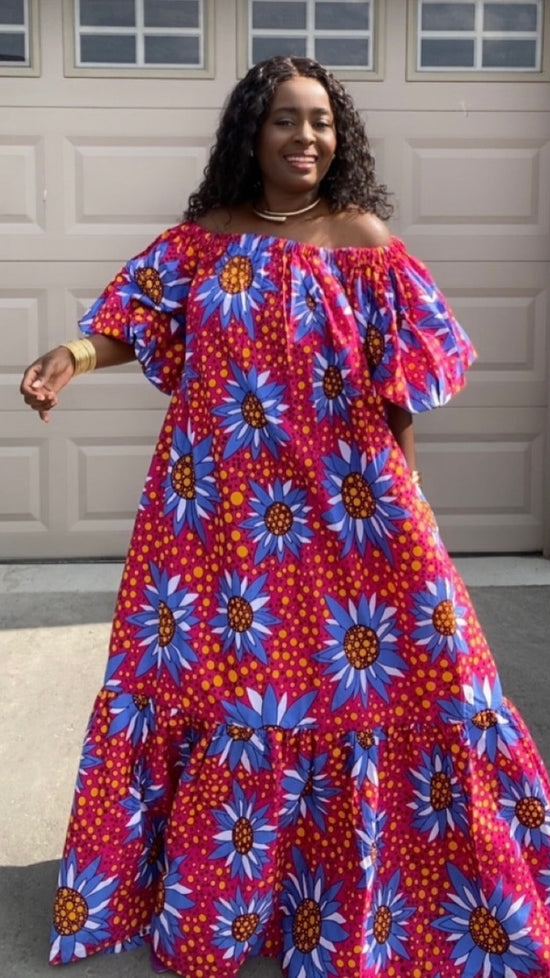 LUNA PINK AND BLUE AFRICAN  DRESS WITH HEADWRAP
