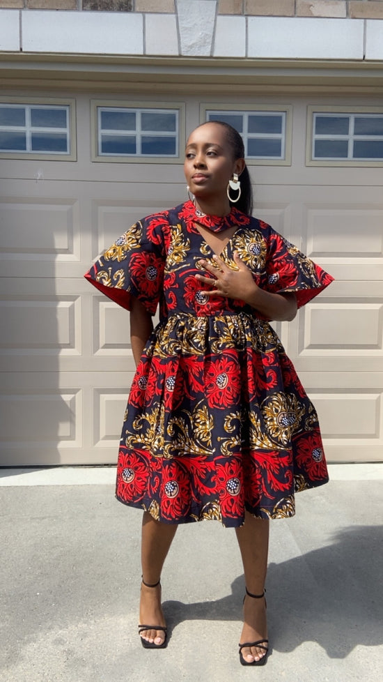 HADASSA BLUE AND RED MIDI  DRESS