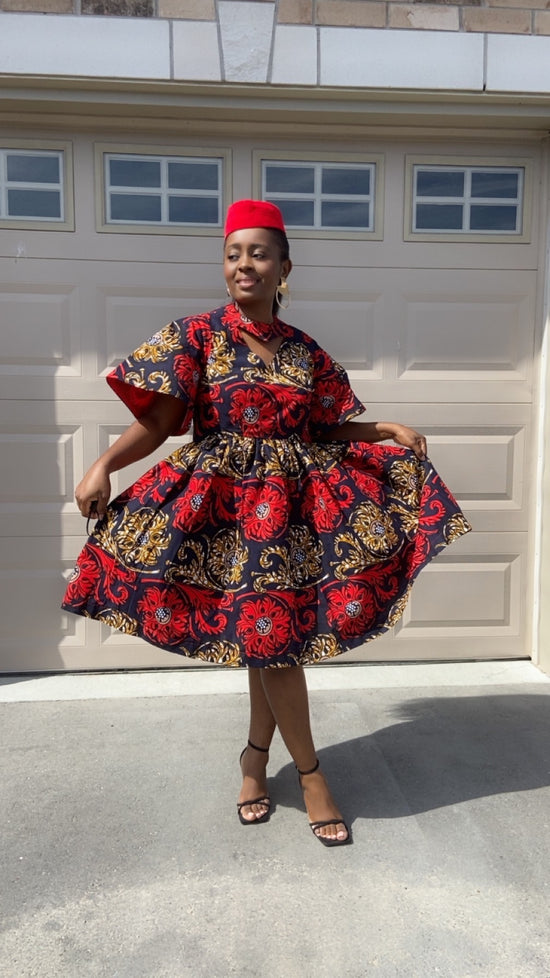 HADASSA BLUE AND RED MIDI  DRESS