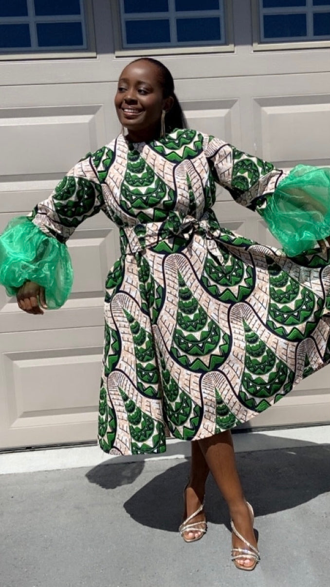 Ciara Green African Print Midi Dress – Long Sleeve Flared Ankara Dress with Belt