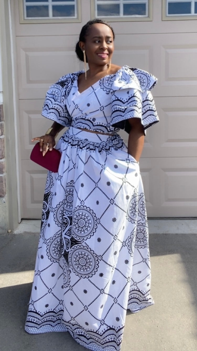 Ecoss White & Black Boho Set – Adjustable Wrap Top & Slit Front African Print Skirt