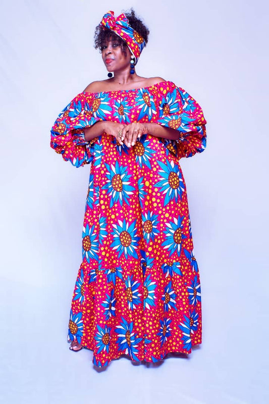 LUNA PINK AND BLUE AFRICAN PRINT MAXI DRESS  WITH HEADWRAP