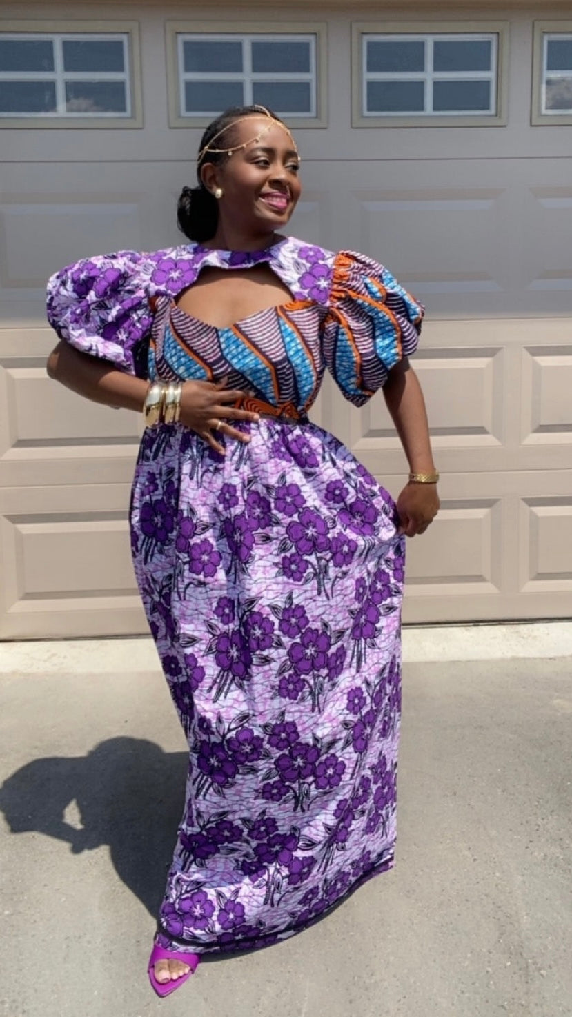 purple puff sleeve dress Purple African Print Maxi Dress – Ankara Puff Sleeve Dress