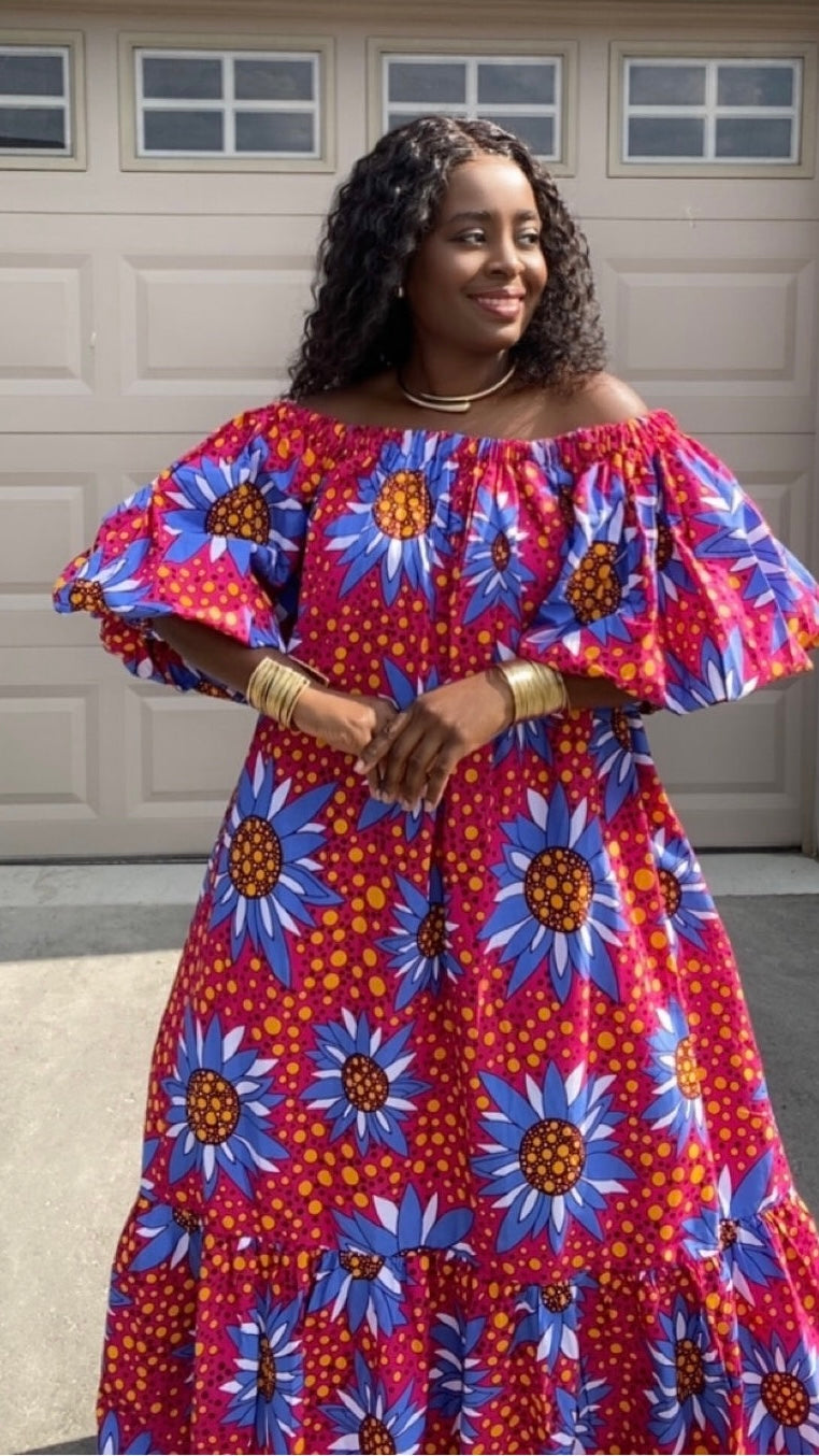 LUNA PINK AND BLUE AFRICAN  DRESS WITH HEADWRAP