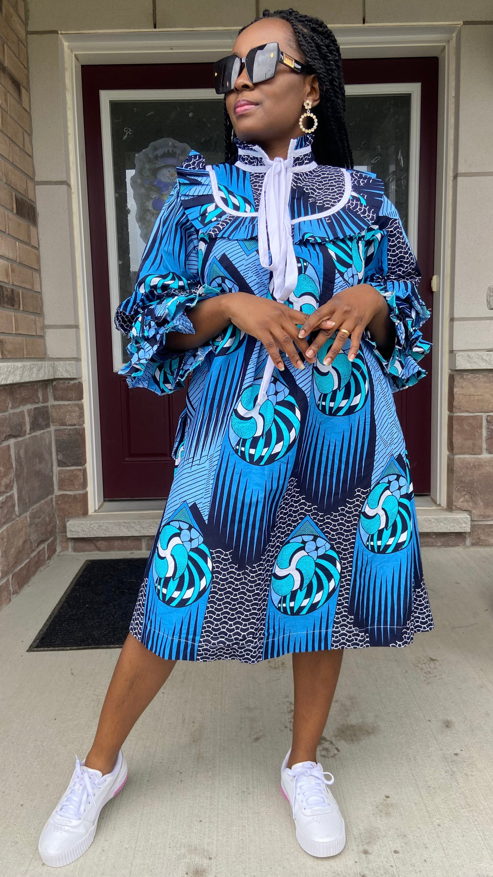 Louisa African Print Midi Dress – Blue & White Kabba Style | Universal Fit