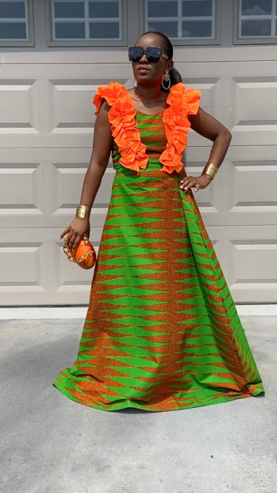 RUBI GREEN AND ORANGE MAXI SKIRT SET