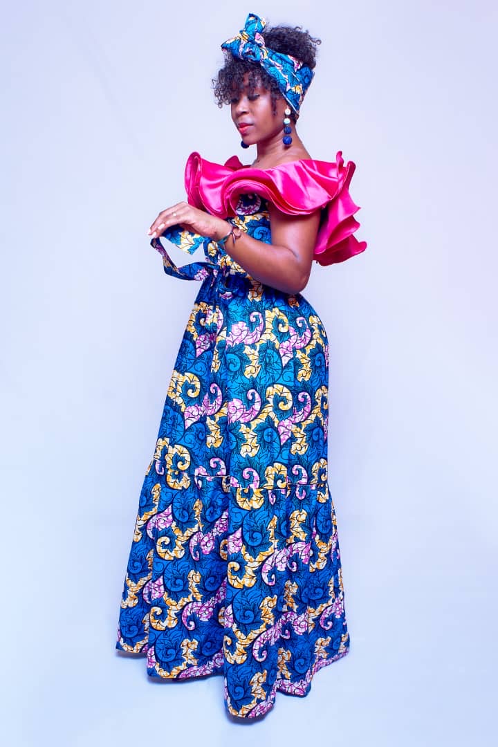 Zaia Blue & Pink Flared African Dress | Unique Ruffle Sleeves XL Zaia Blue & Pink Flared African Dress | Unique Ruffle Sleeves XL