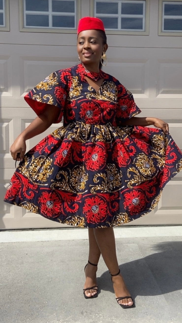 HADASSA BLUE AND RED MIDI  DRESS