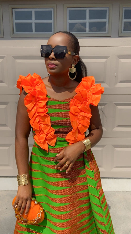 RUBI GREEN AND ORANGE MAXI SKIRT SET