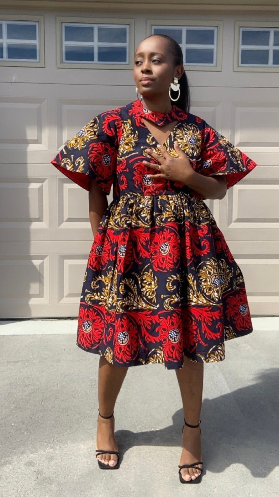 Hadassa Red African Print Midi Dress – Elegant Flared Hip & 3/4 Sleeves