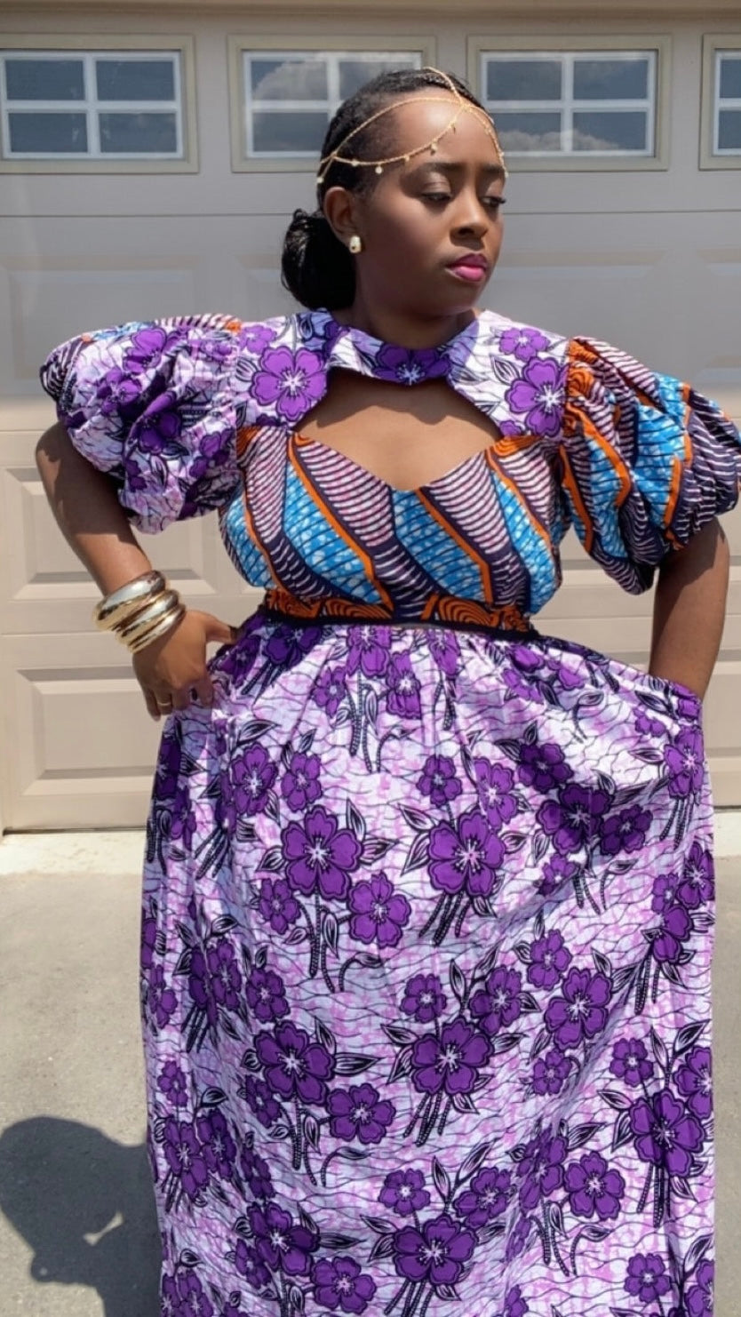 Purple African Print Maxi Dress Ankara Puff Sleeve Dress | BLsape Purple African Print Maxi Dress Ankara Puff Sleeve Dress | BLsape
