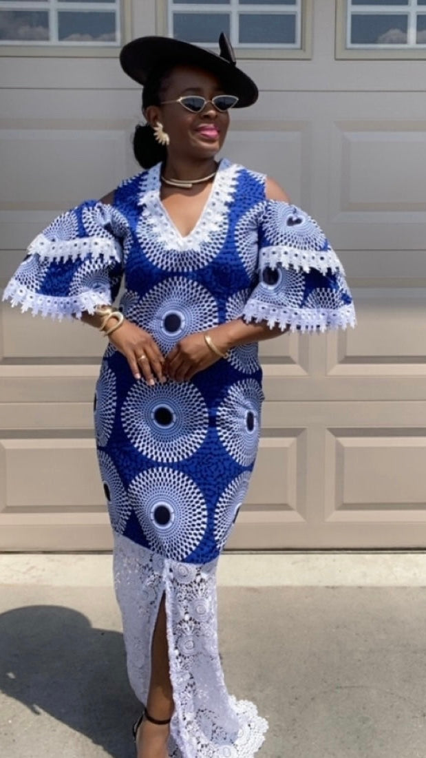 Zaho Blue & White Straight Long Dress – Nigerian African Clothes Style