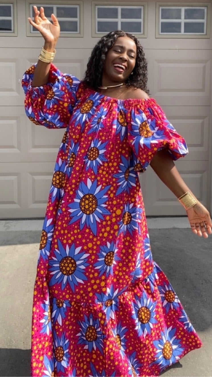 LUNA PINK AND BLUE AFRICAN  DRESS WITH HEADWRAP