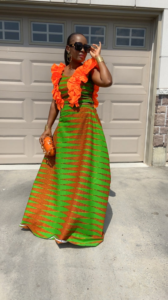 RUBI GREEN AND ORANGE MAXI SKIRT SET