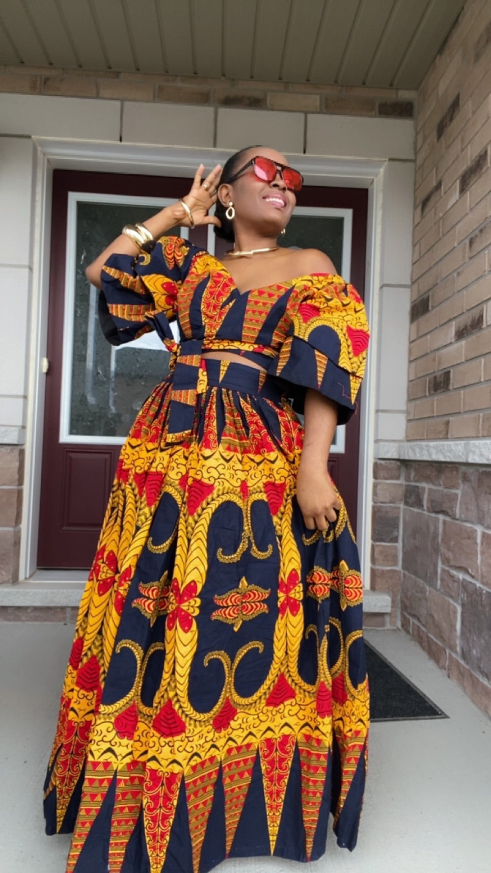 Ecoss Yellow & Blue African Clothing Set – Wrap Top & Ankara Skirt with Front Slit