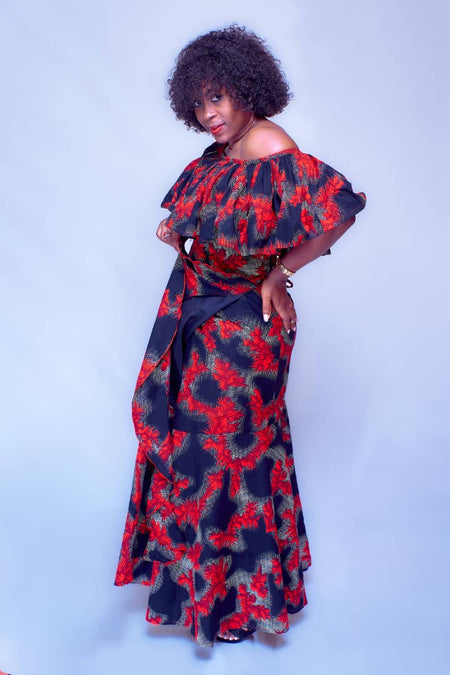 Sunny red African clothing set featuring a boat neck top and long wrap skirt by Blsape