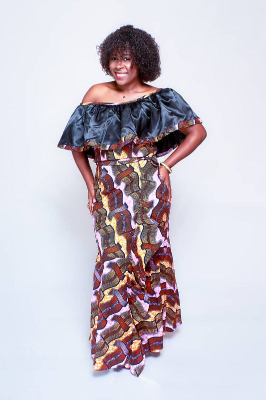 SUNNY PINK AND BLACK AFRICAN PRINT WRAP MAXI SKIRT SET