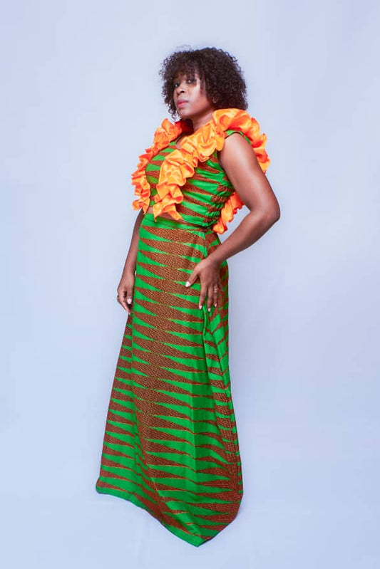 RUBI GREEN AND ORANGE MAXI SKIRT SET