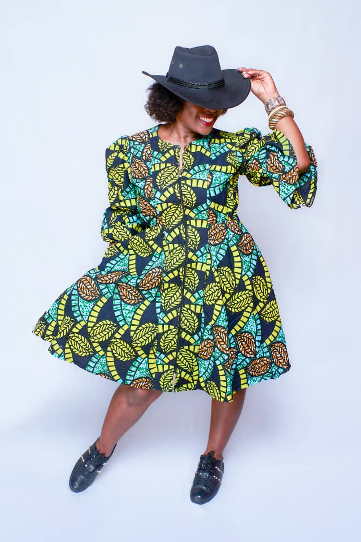 Zula Green African Print Midi Dress – Full Zipper Front with 3/4 Sleeves