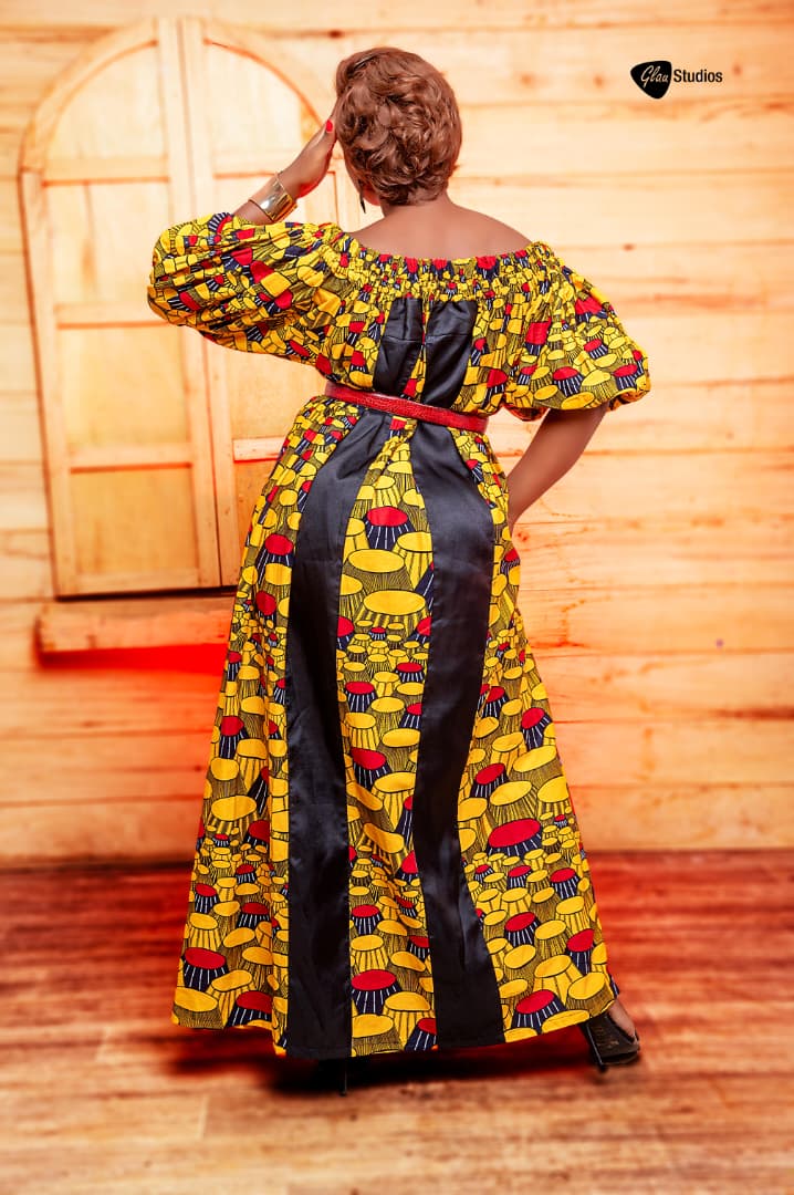 long african print dress designs Awoorin Royal-Blue and Yellow Wrap Midi Dress