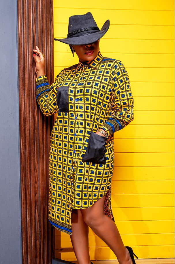 African Print Midi Shirt Dress Yellow Ankara Dress | BLsape 3XL African Print Midi Shirt Dress Yellow Ankara Dress | BLsape 3XL