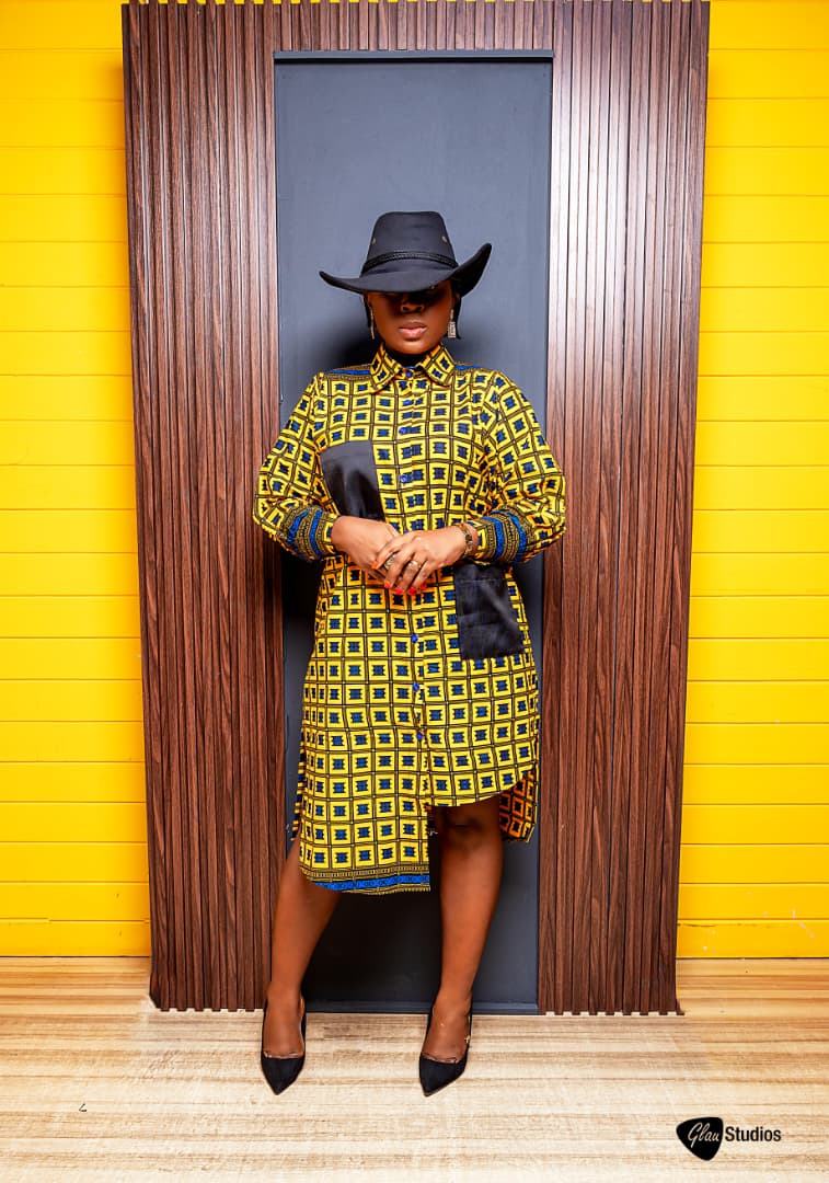 Tina Yellow African Print Midi Shirt Dress – Long Sleeve Ankara Button-Down Dress