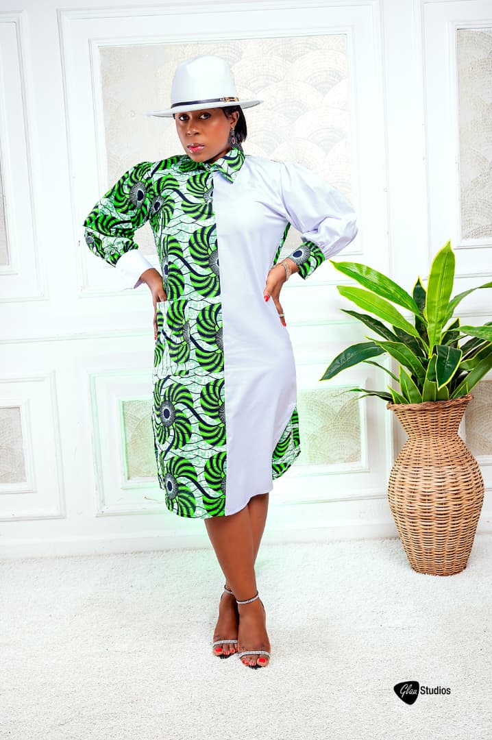 Aline African Print Midi Dress – Long Sleeve Straight Ankara Dress for Women