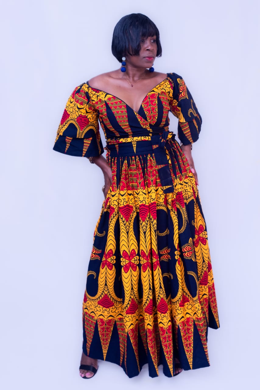 ECOSS AFRICAN PRINT  BLACK AND YELLOW MAXI SKIRT SET