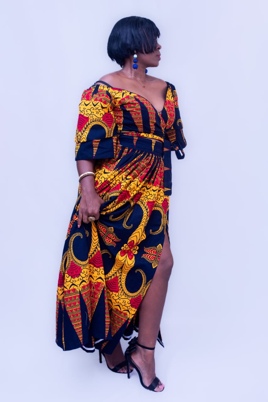 ECOSS AFRICAN PRINT  BLACK AND YELLOW MAXI SKIRT SET