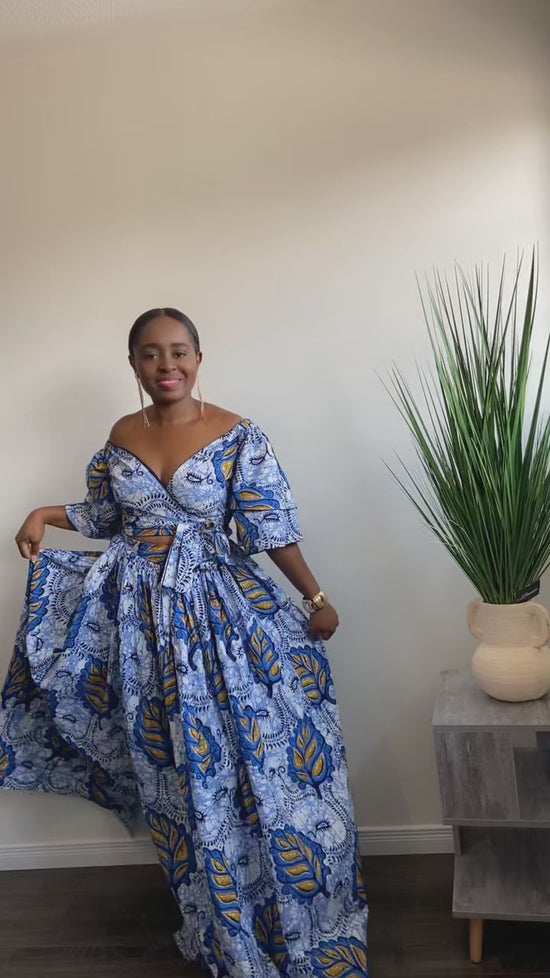ECOSS  BLUE AND WHITE MAXI SKIRT SET